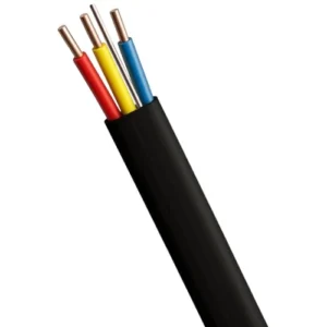 كابل نحاس مجدول مسطح 2.5 مم 3 خطوط مع موصل ارضي، نحاس مصمت، جهد 300/500 فولت، عزل (PVC 70°C)، غلاف أسود، طول البكرة 100 متر | السعودية للكابلات